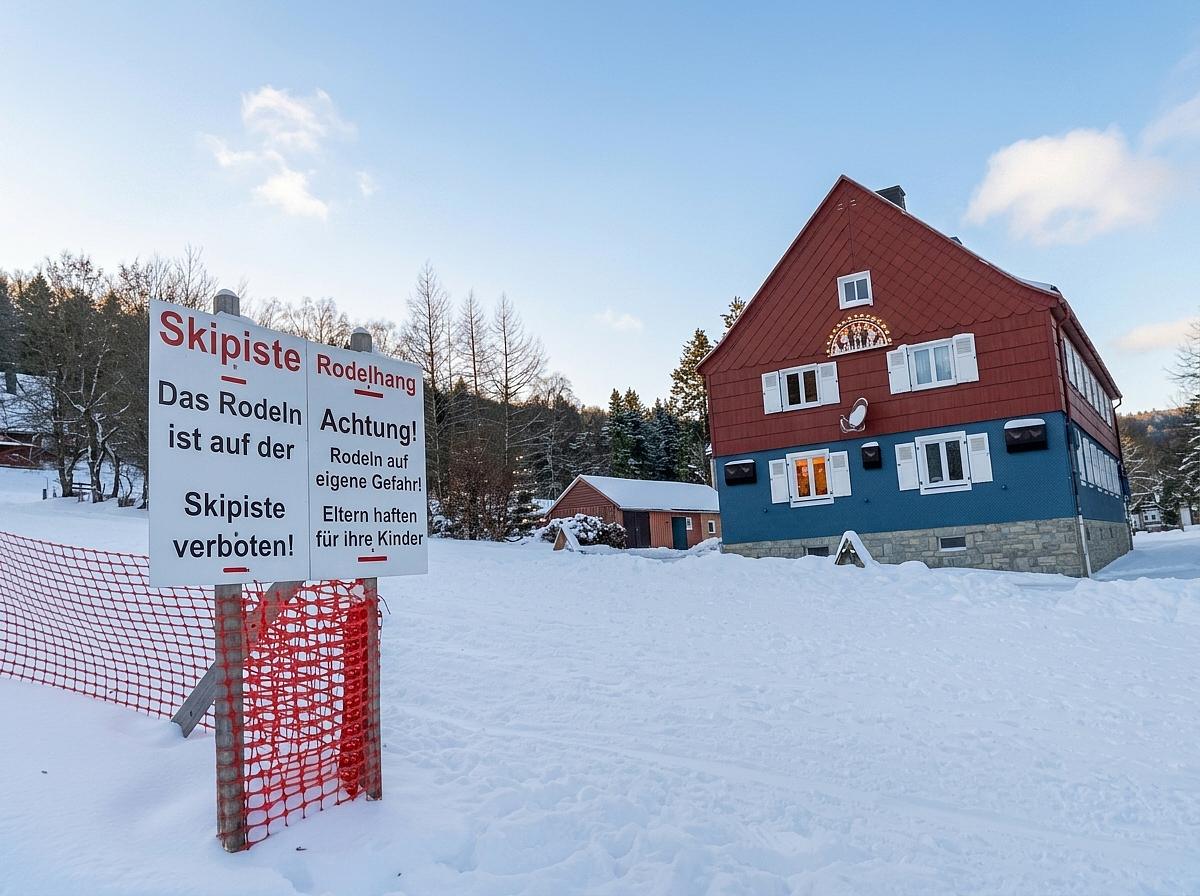 Blick vom Skihang zum Ferienhaus in Rehefeld
