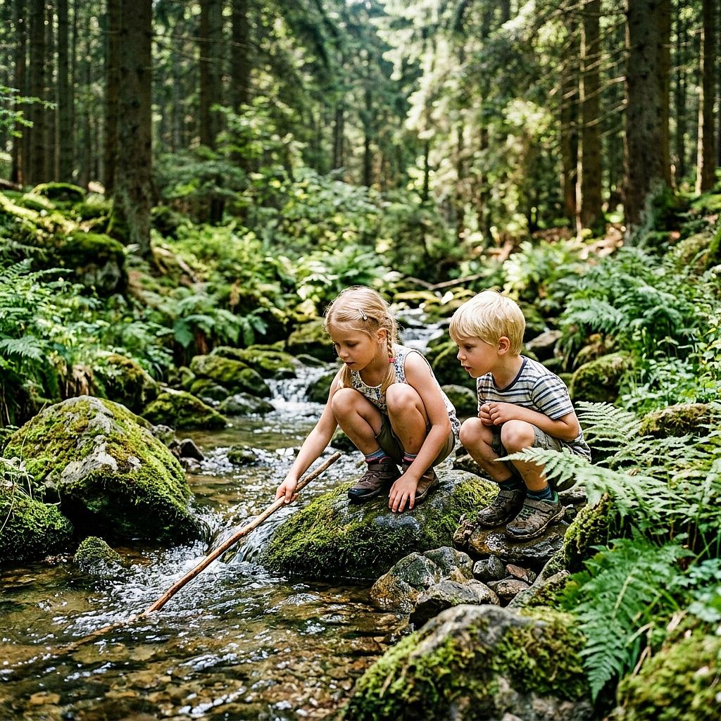 Wald und Bach in direkter Umgebung - perfekt für kleine Entdecker (Symbolbild, KI-generiert)