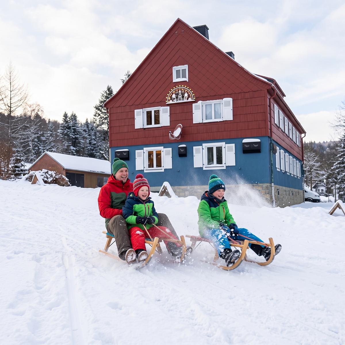 Familie beim Rodeln direkt vorm Haus (Symbolbild, KI-generiert)