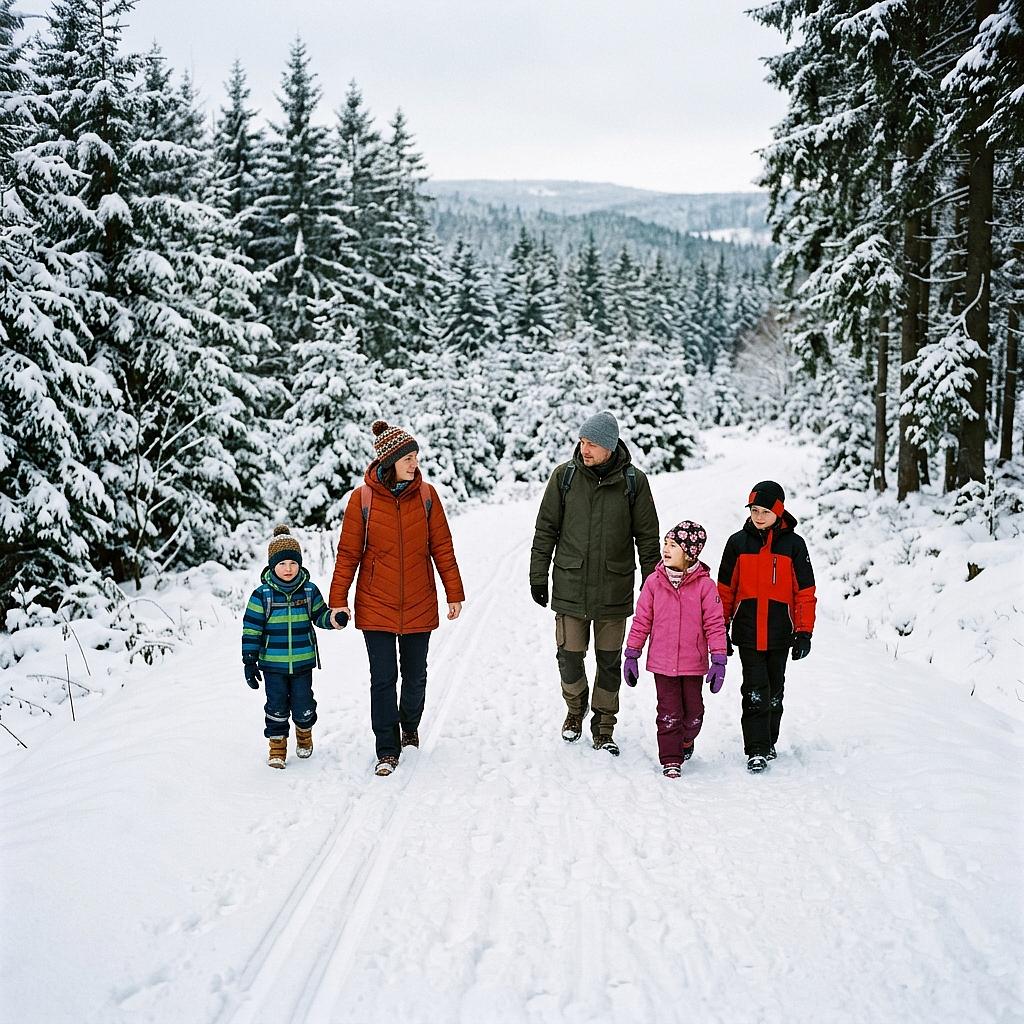 Familie beim Winterspaziergang – Ferienwohnungen Rehefeld-Zaunhaus (Symbolbild, KI-generiert)